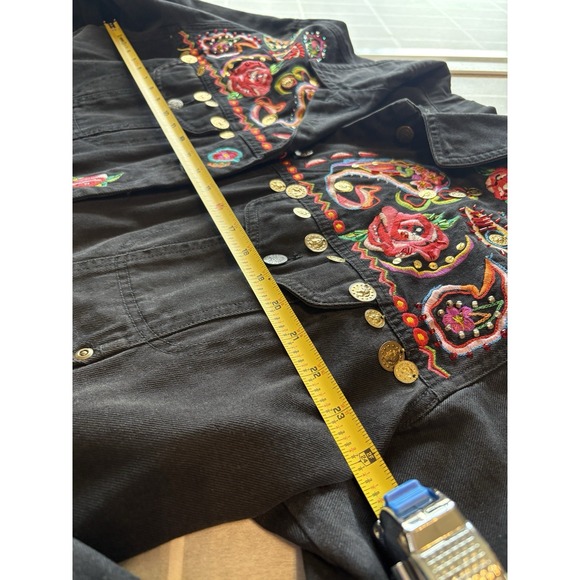 Womens Black Floral Boho Maximalist Dopamine Western Embroidered Denim Coat Sz14 - Picture 13 of 14